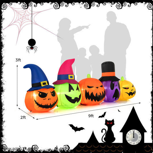 9 Feet Inflatable Pumpkin Patch Family with Built-in LED Lights and Witch Hats