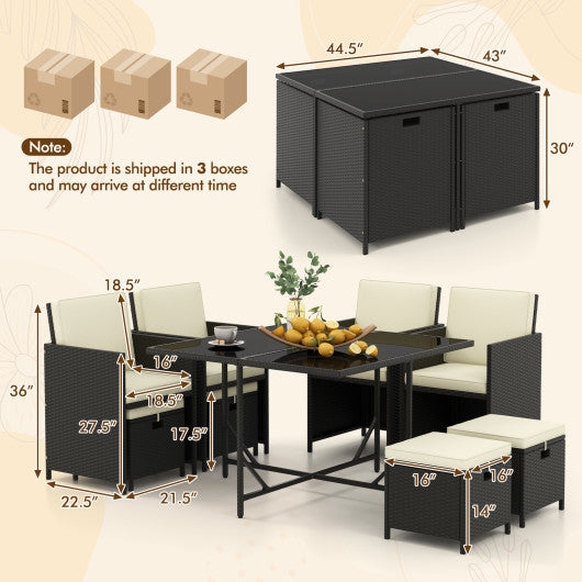 9 PCS Outdoor Dining Furniture Set with Tempered Glass Table and Ottomans-White