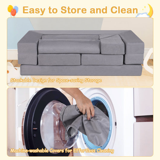 9-Piece Climb and Crawl Foam and Floor Playset with Breathable Suede Fabric-Gray