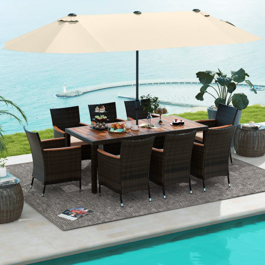 10 Piece Outdoor Dining Set with 15 Feet Double-Sided Twin Patio Umbrella-Beige