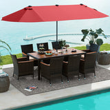 10 Piece Outdoor Dining Set with 15 Feet Double-Sided Twin Patio Umbrella-Red