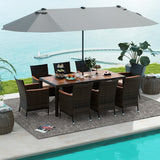 10 Piece Outdoor Dining Set with 15 Feet Double-Sided Twin Patio Umbrella-Gray