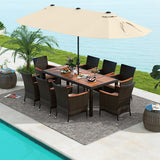 10 Piece Outdoor Dining Set with 15 Feet Double-Sided Twin Patio Umbrella-Beige