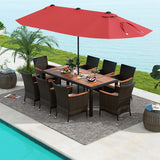 10 Piece Outdoor Dining Set with 15 Feet Double-Sided Twin Patio Umbrella-Red