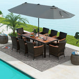 10 Piece Outdoor Dining Set with 15 Feet Double-Sided Twin Patio Umbrella-Gray