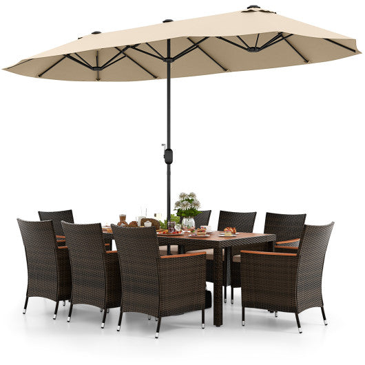 10 Piece Outdoor Dining Set with 15 Feet Double-Sided Twin Patio Umbrella-Beige