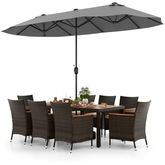 10 Piece Outdoor Dining Set with 15 Feet Double-Sided Twin Patio Umbrella-Gray