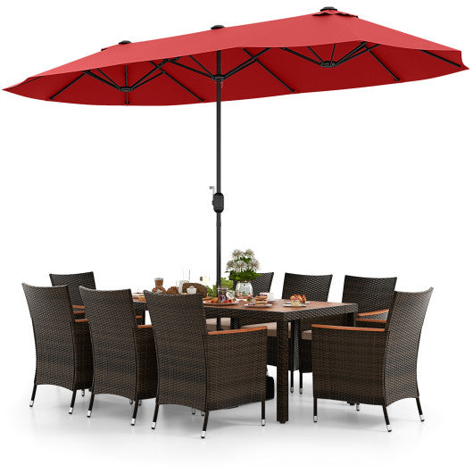 10 Piece Outdoor Dining Set with 15 Feet Double-Sided Twin Patio Umbrella-Red