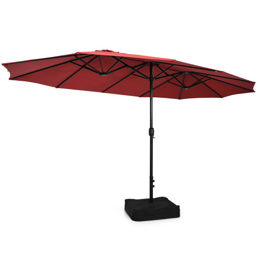 10 Piece Outdoor Dining Set with 15 Feet Double-Sided Twin Patio Umbrella-Red