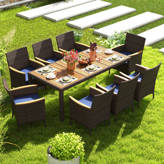 9 Piece Outdoor Dining Set with Acacia Wood Table Top-Navy