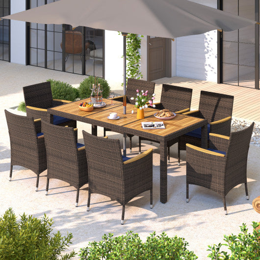 9 Piece Outdoor Dining Set with Acacia Wood Table Top-Navy