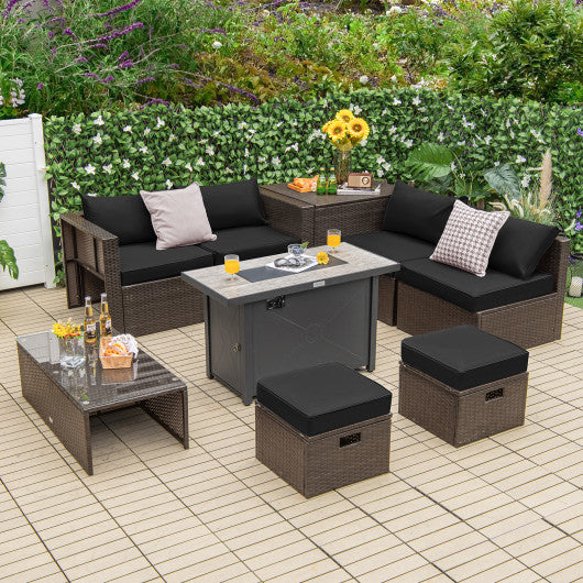 9 Pieces Outdoor Patio Furniture Set with 42 Inch Propane Fire Pit Table-Black