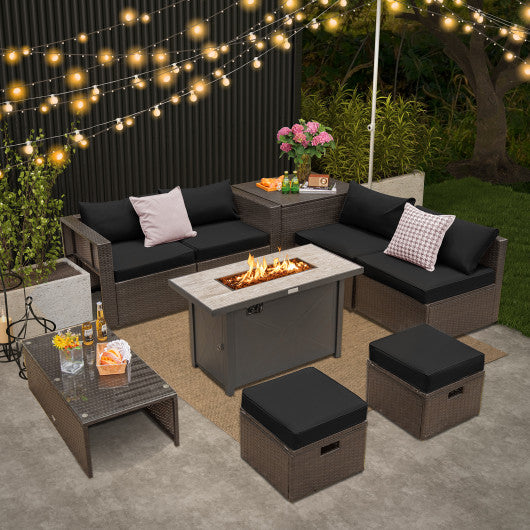 9 Pieces Outdoor Patio Furniture Set with 42 Inch Propane Fire Pit Table-Black