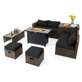 9 Pieces Outdoor Patio Furniture Set with 42 Inch Propane Fire Pit Table-Black