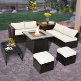 9 Pieces Patio PE Wicker Sectional Set with 50000 BTU Fire Pit Table-Off White