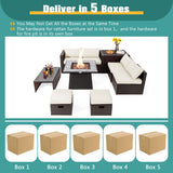 9 Pieces Patio PE Wicker Sectional Set with 50000 BTU Fire Pit Table-Off White
