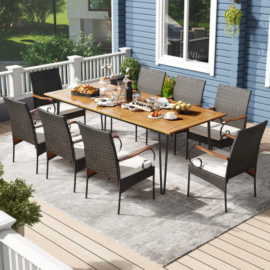 9 Pieces Outdoor Patio Dining Set with Soft Cushions and Umbrella Hole