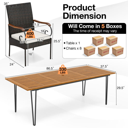 9 Pieces Outdoor Patio Dining Set with Soft Cushions and Umbrella Hole