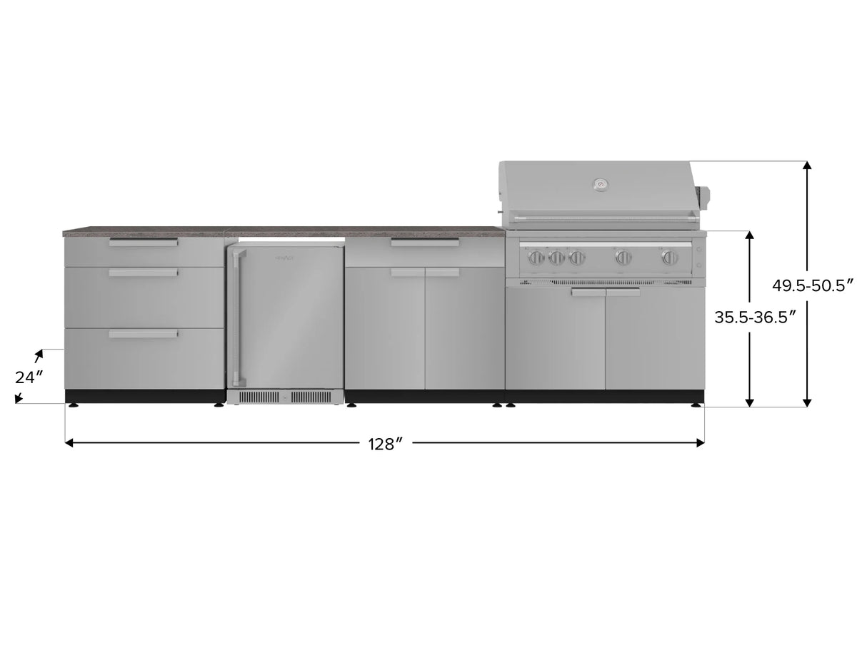 Outdoor Kitchen Stainless Steel 7 Piece Cabinet Set with 3-Drawer, Bar, Grill Cabinet, Platinum Grill, Countertop, and Stainless Steel Door Fridge