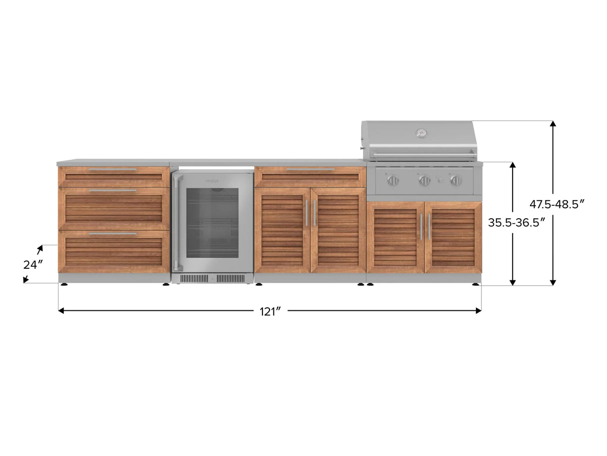 Outdoor Kitchen Stainless Steel 7 Piece Cabinet Set with 3-Drawer, Bar, Grill Cabinet, Performance Grill, Countertops, and Glass Door Fridge