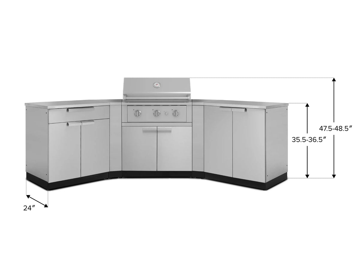 Outdoor Kitchen Stainless-Steel 7 Piece Cabinet Set with 2 Door, Bar, Corner, Grill Cabinet, Performance Grill, and Countertops