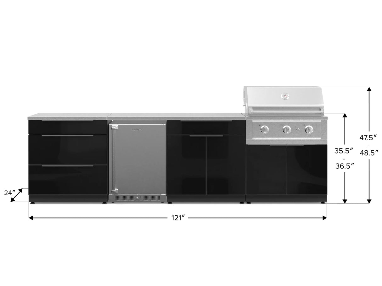 Outdoor Kitchen Aluminum 7 Piece Cabinet Set with 3-Drawer, Bar, Grill Cabinet, Performance Grill, Countertops and Stainless Steel Door Fridge