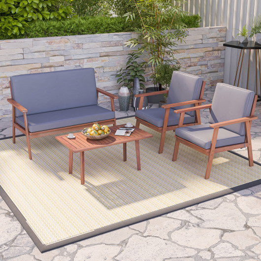 4 Piece Outdoor Acacia Wood Conversation Set with Soft Seat and Back Cushions-Gray