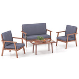 4 Piece Outdoor Acacia Wood Conversation Set with Soft Seat and Back Cushions-Gray