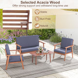 4 Piece Outdoor Acacia Wood Conversation Set with Soft Seat and Back Cushions-Gray