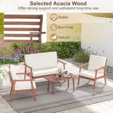 4 Piece Outdoor Acacia Wood Conversation Set with Soft Seat and Back Cushions-White