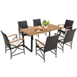 Acacia Wood Table and 6 Wicker Chairs with Umbrella Hole-X-side Handrail