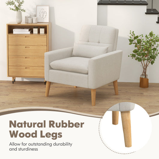 Accent Chair with Lumbar Pillow  Natural Rubber Wood Legs  Padded Cushions-Beige