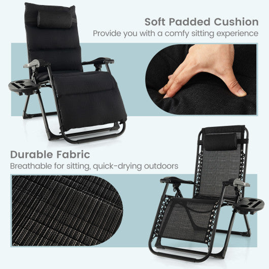 Adjustable Metal Zero Gravity Lounge Chair with Removable Cushion and Cup Holder Tray-Black