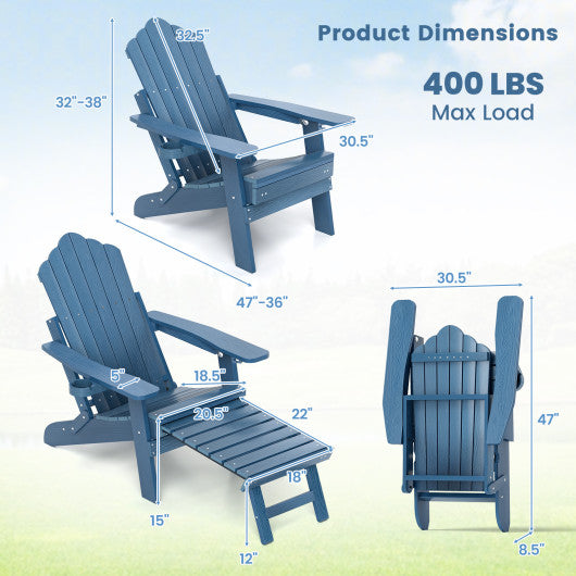 All-Weather HIPS Patio Adirondack Lounge Chair with Retractable Footrest-Navy