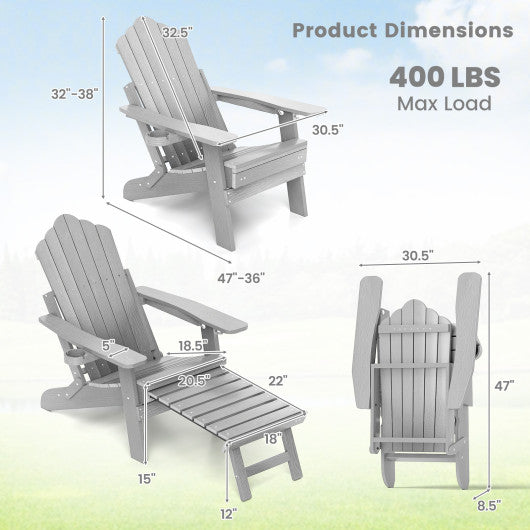 All-Weather HIPS Patio Adirondack Lounge Chair with Retractable Footrest-Gray