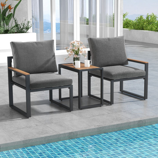 3 Pieces Aluminum Frame Weatherproof Outdoor Conversation Set with Soft Cushions-Gray