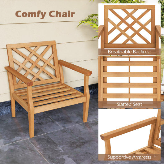 Teak Wood Slatted Patio Chair Armchair with Cozy Backrest and Armrests