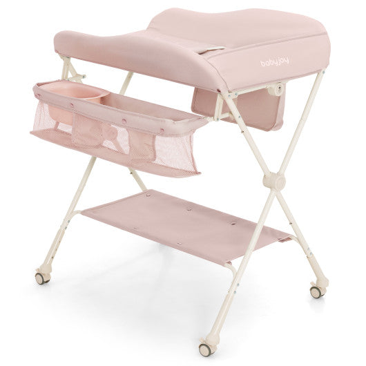 Baby Diaper Changing Table with Water Basin Wheel-Pink