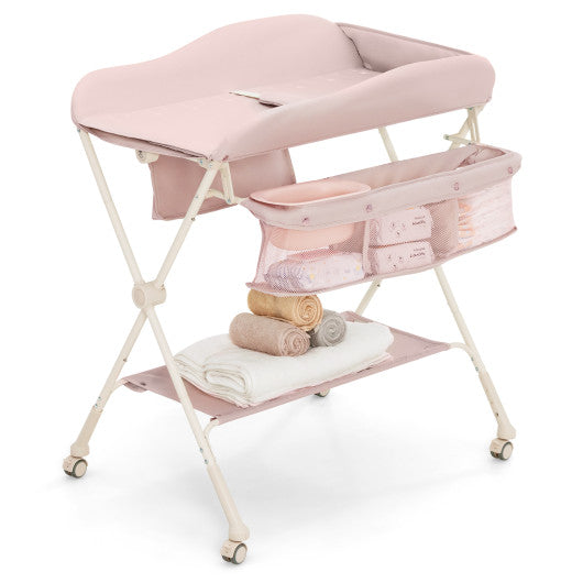 Baby Diaper Changing Table with Water Basin Wheel-Pink