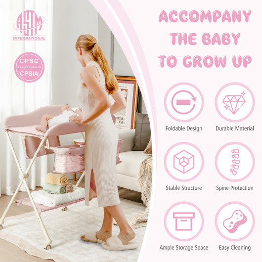Baby Diaper Changing Table with Water Basin Wheel-Pink