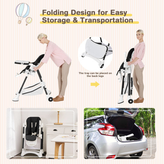 Baby Convertible Folding Adjustable High Chair with Wheel Tray Storage Basket-Black