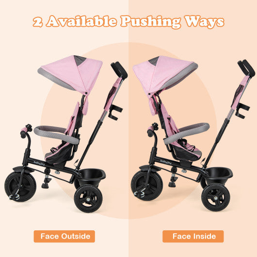 4-in-1 Baby Trike Kids Tricycle with Removable Canopy and Adjustable Push Handle-Pink