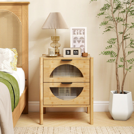 Bamboo Nightstand with 2 Storage Drawers and Reeded Tempered Glass Fronts-Natural