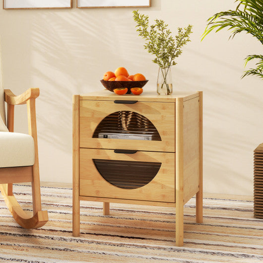 Bamboo Nightstand with 2 Storage Drawers and Reeded Tempered Glass Fronts-Natural