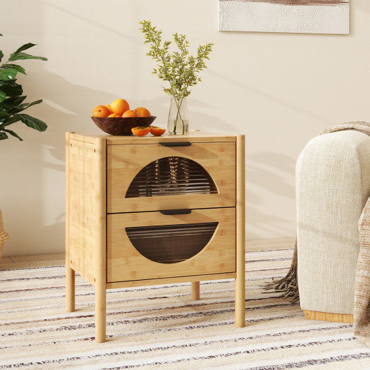 Bamboo Nightstand with 2 Storage Drawers and Reeded Tempered Glass Fronts-Natural