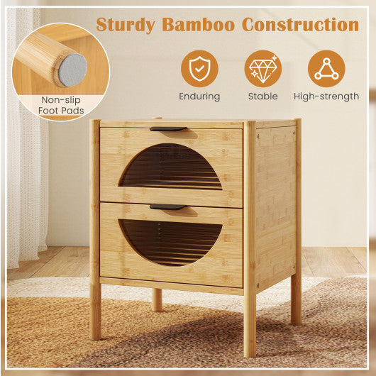 Bamboo Nightstand with 2 Storage Drawers and Reeded Tempered Glass Fronts-Natural