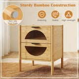 Bamboo Nightstand with 2 Storage Drawers and Reeded Tempered Glass Fronts-Natural