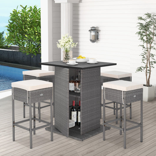 5 Pieces Outdoor Wicker Bar Table Set with Hidden Storage Shelves-White