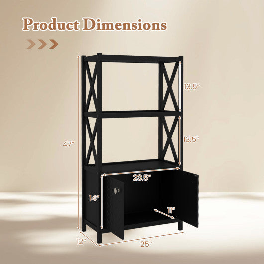 Bathroom Storage Cabinet with Open Shelves and Double Doors-Black