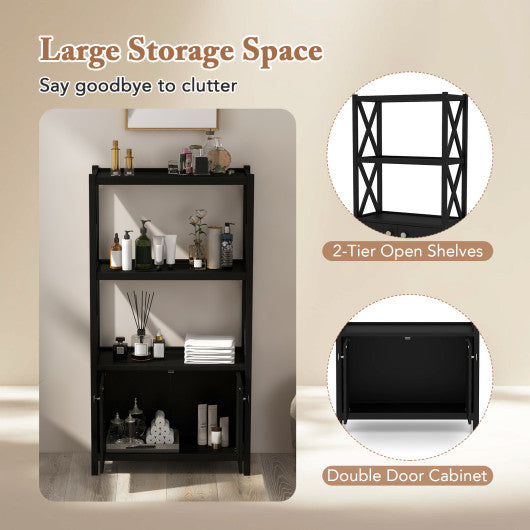 Bathroom Storage Cabinet with Open Shelves and Double Doors-Black